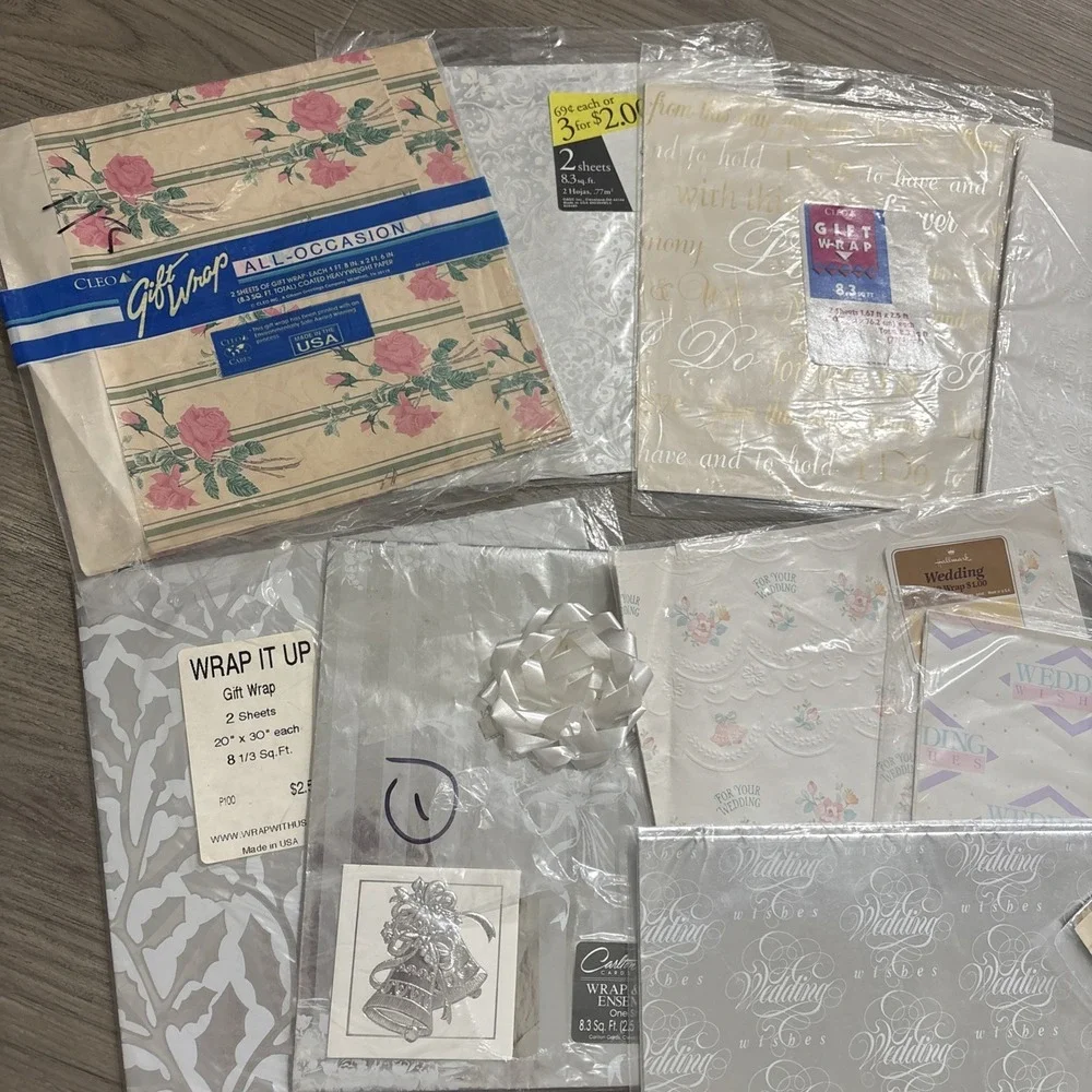 Lot of Vintage Gift wrapping paper rose, baby, wedding, I Do, Floral Made In USA